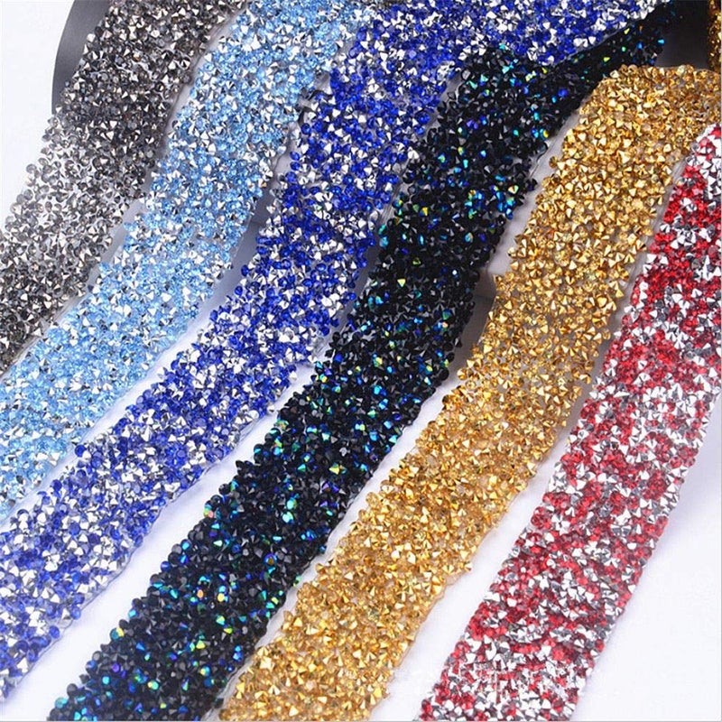 EORTA 1Yard X 3CM Rhinestone Beaded Trim Sparkling Crystal Rhinestone Hotfix Ribbon Iron on Applique Bling Chain Banding Belt for DIY Wedding Bridal Dress Embellishment Phone Wall Decor, Black Blue - Image 5